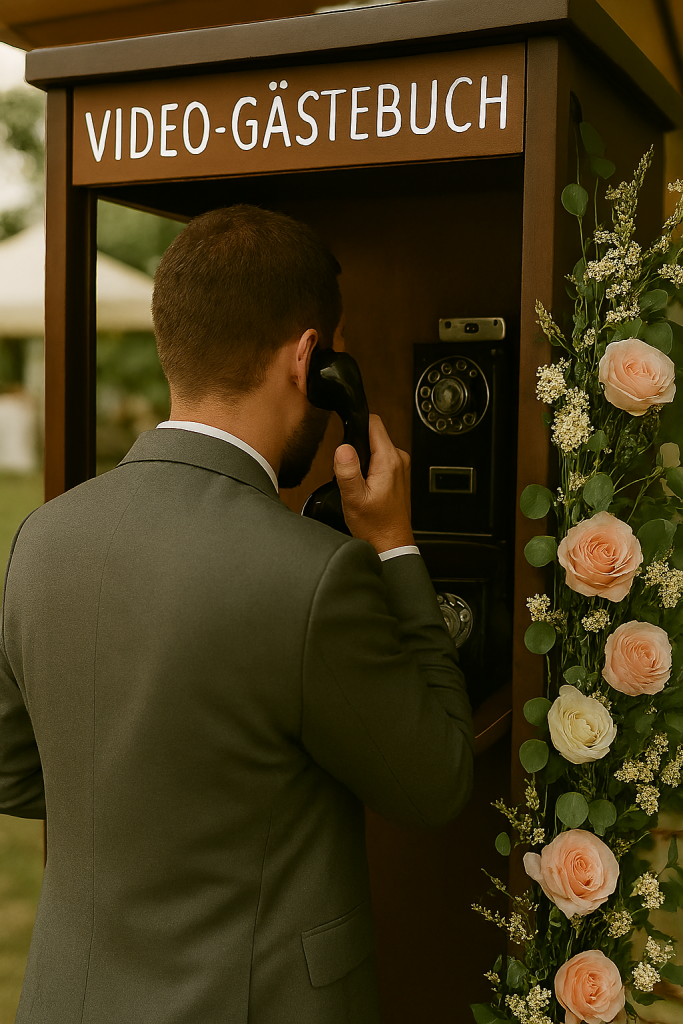 Emotionales Hochzeitsfoto: Gast spricht in einer Vintage-Telefonzelle für das Video-Gästebuch – mit floraler Deko und romantischem Ambiente
Hochzeitsgast von hinten in Vintage-Telefonzelle mit Telefonhörer, spricht für Video-Gästebuch, umgeben von Rosen und Blumendeko.
Video-Gästebuch auf Hochzeit – Gast in Telefonzelle mit Vintage-Telefon und floraler Dekoration
Hochzeit Video-Gästebuch
Vintage Telefon Hochzeit
Telefonzelle Hochzeitsfoto
Hochzeitsgast spricht Nachricht
Blumendeko Hochzeit
emotionale Hochzeitsmomente
kreative Gästebuch-Idee
Hochzeitserinnerung Video
romantische Hochzeitslocation
Hochzeitsfoto mit Telefonzelle